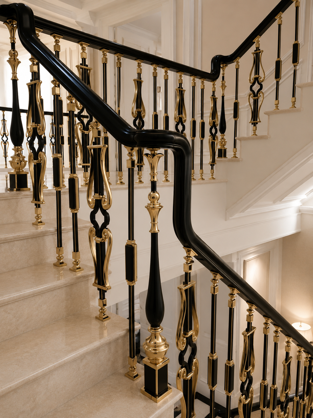 Luxury black and Gold PVD stainless steel staircase railing with ornate decorative balusters and black handrail