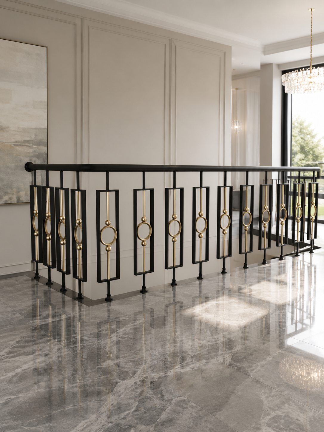 Black and Gold PVD stainless steel balustrade with rectangular frames and circular decorative accents on a luxury mezzanine landing