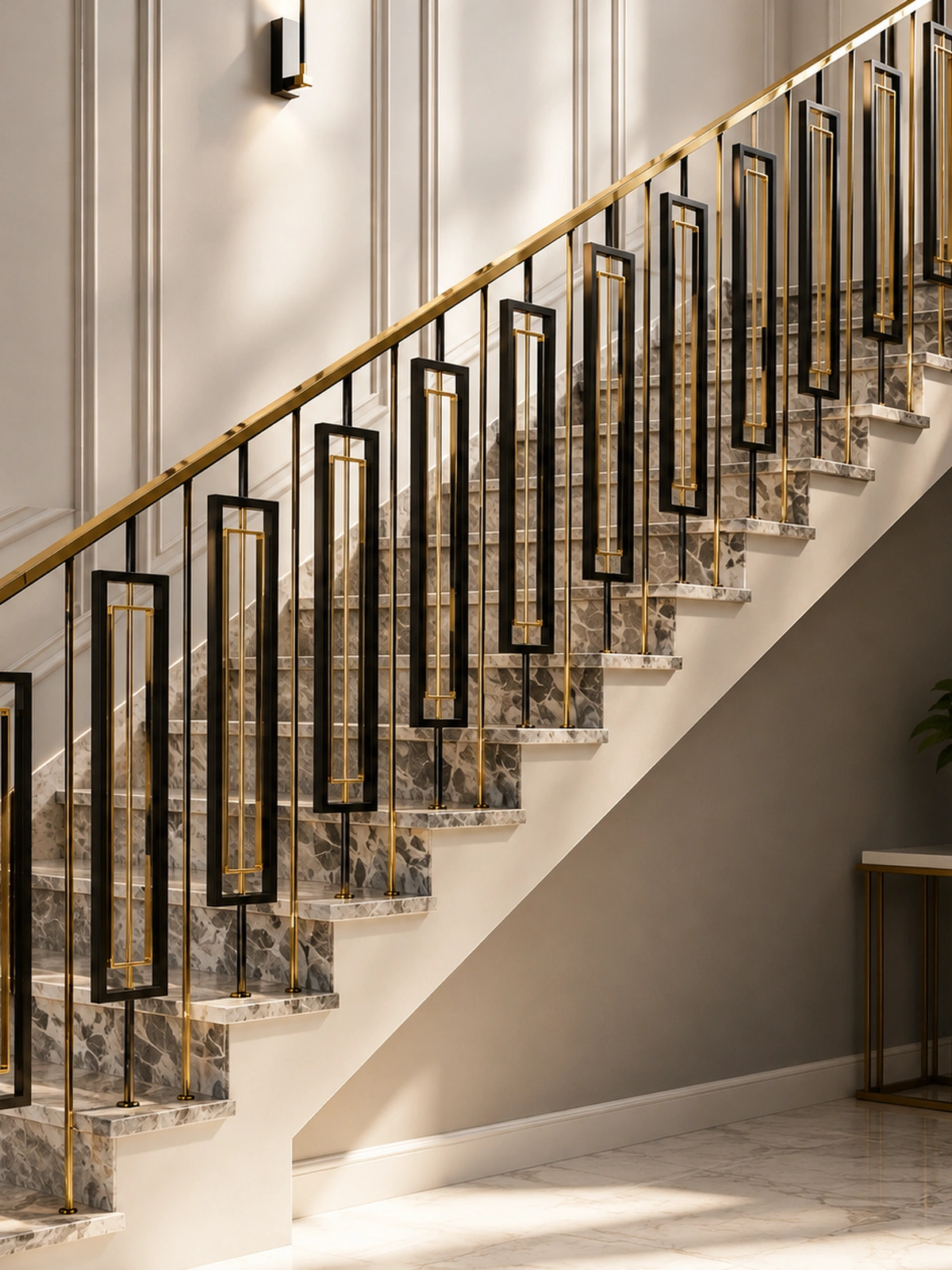 Black and Gold PVD stainless steel staircase railing with elongated rectangular geometric balusters on a luxury marble staircase