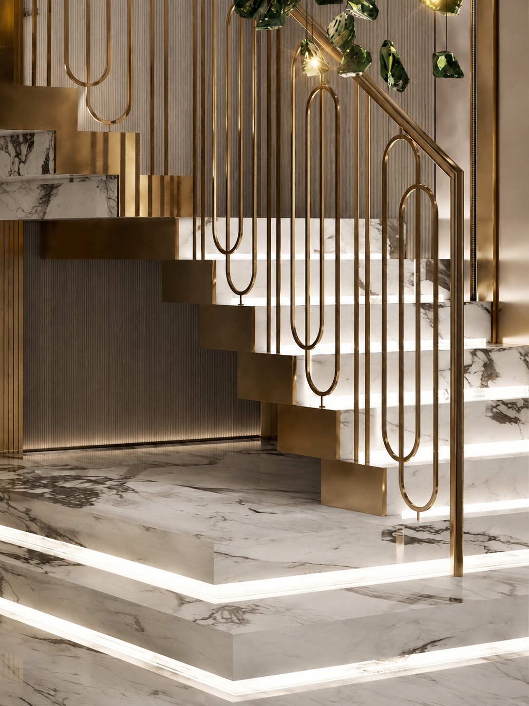 Gold PVD stainless steel staircase railing with elongated oval balusters on an illuminated luxury marble staircase
