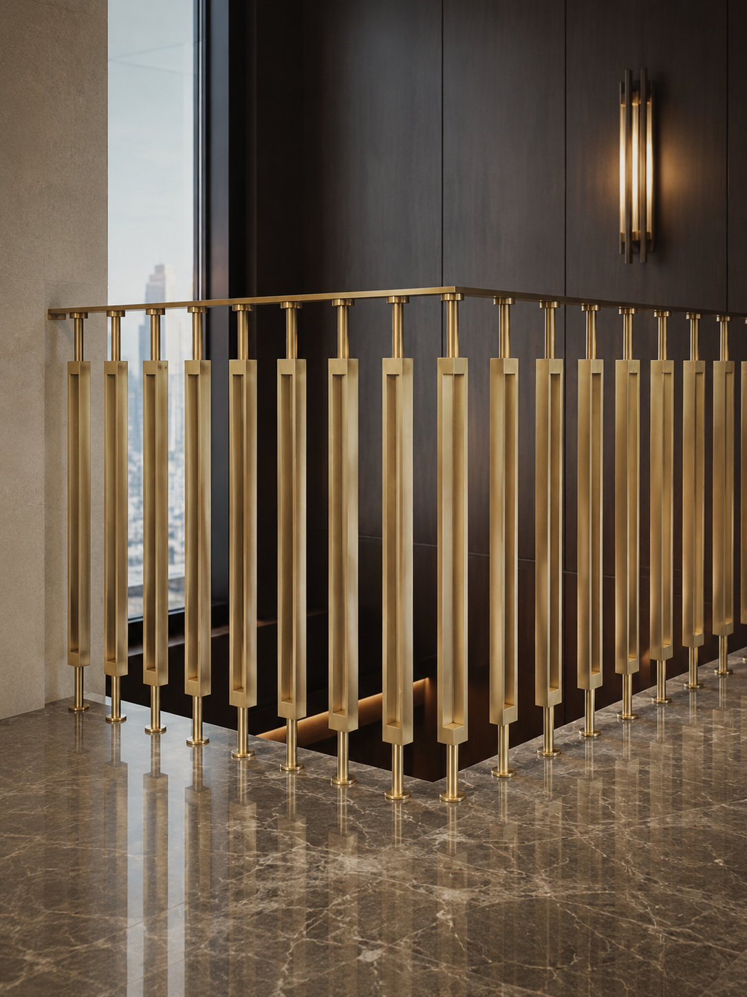 Art Deco Gold PVD stainless steel staircase balustrade with elongated rectangular balusters on a luxury marble landing