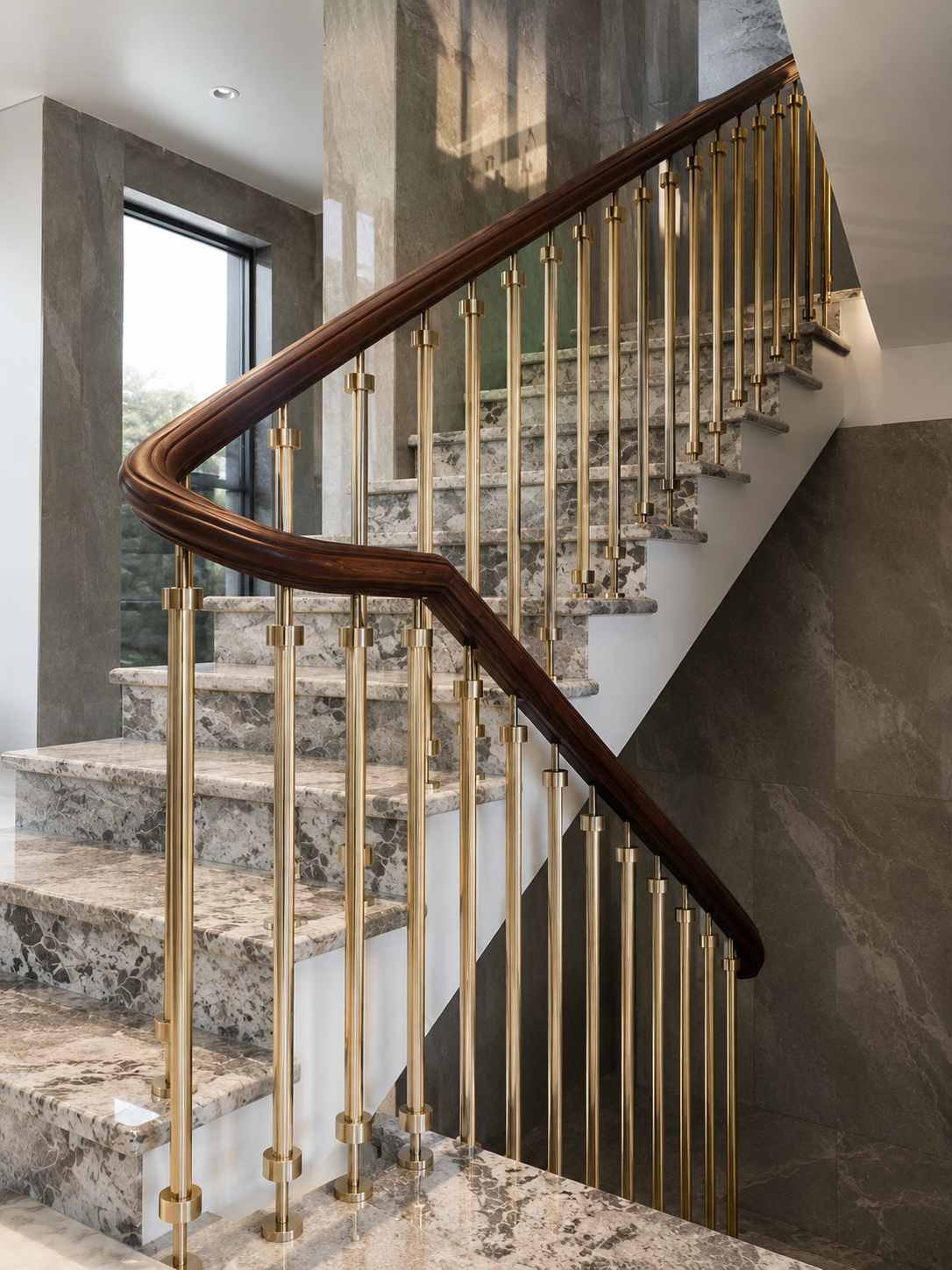 Gold PVD round pipe stainless steel staircase railing with decorative ring collars and curved dark wood handrail on a luxury marble staircase
