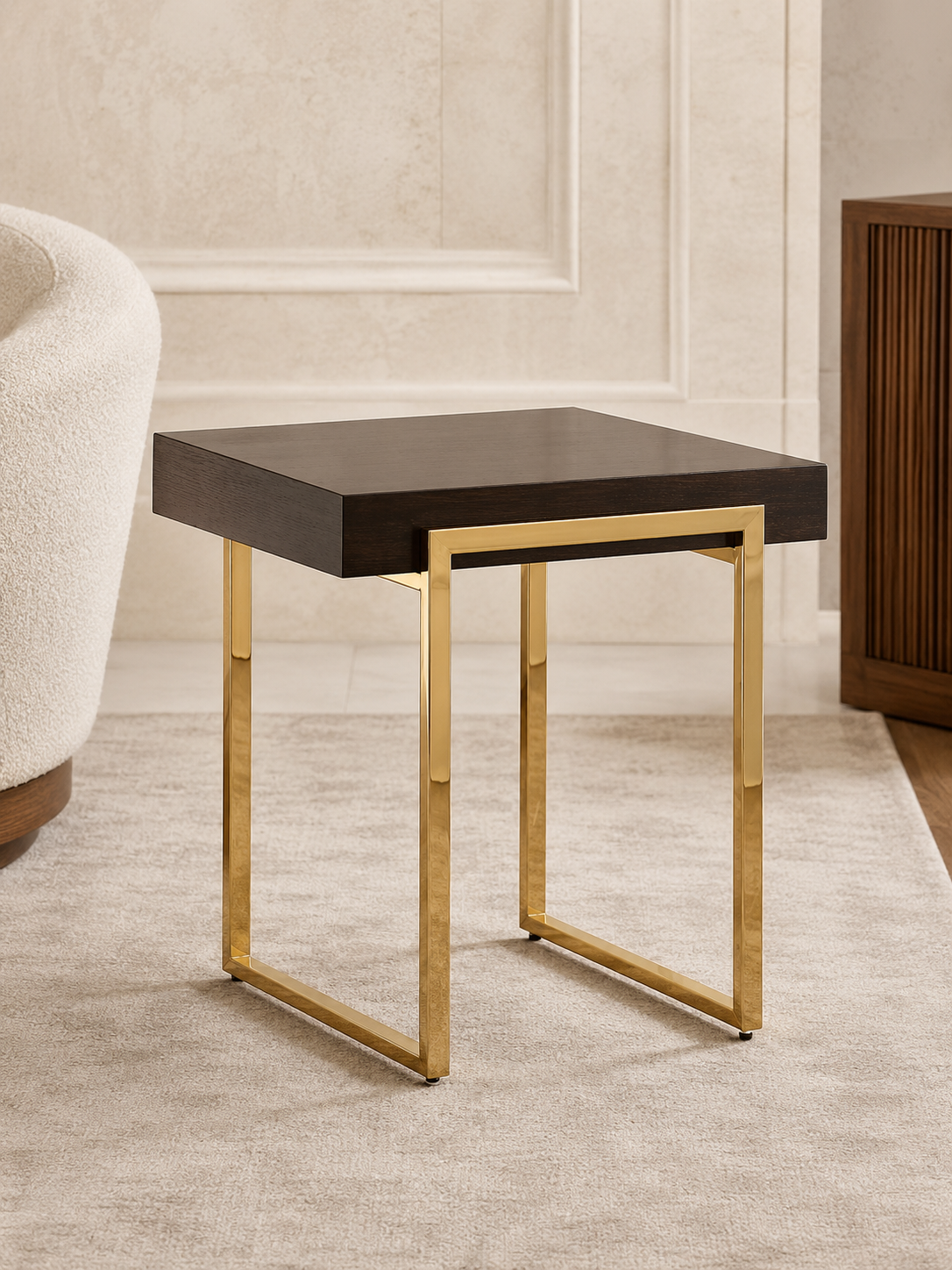 Portal PVD gold corner table with thick square dark walnut-finish top and offset rectangular frames