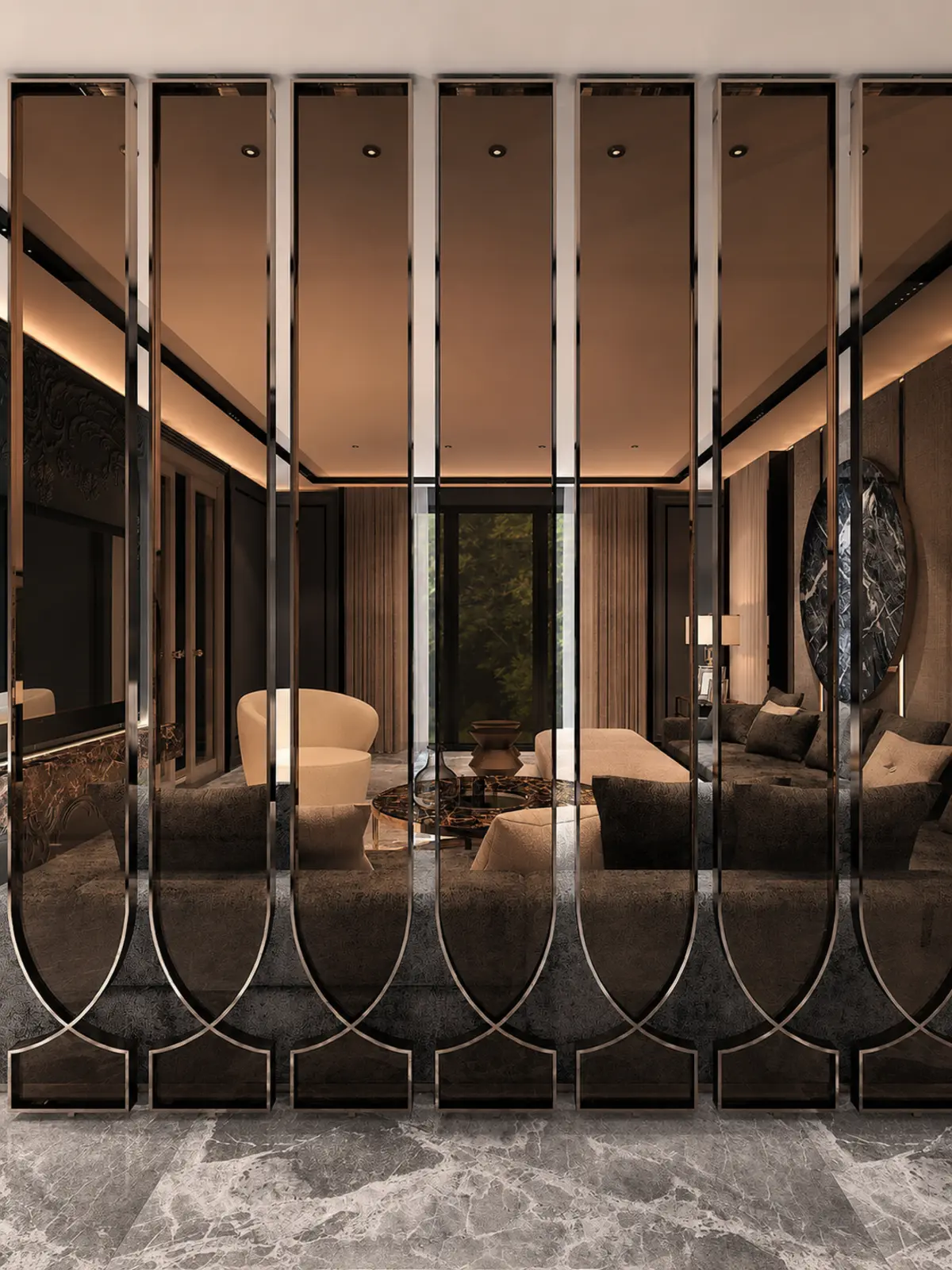 Crossline Smoked Brown Glass PVD Partition