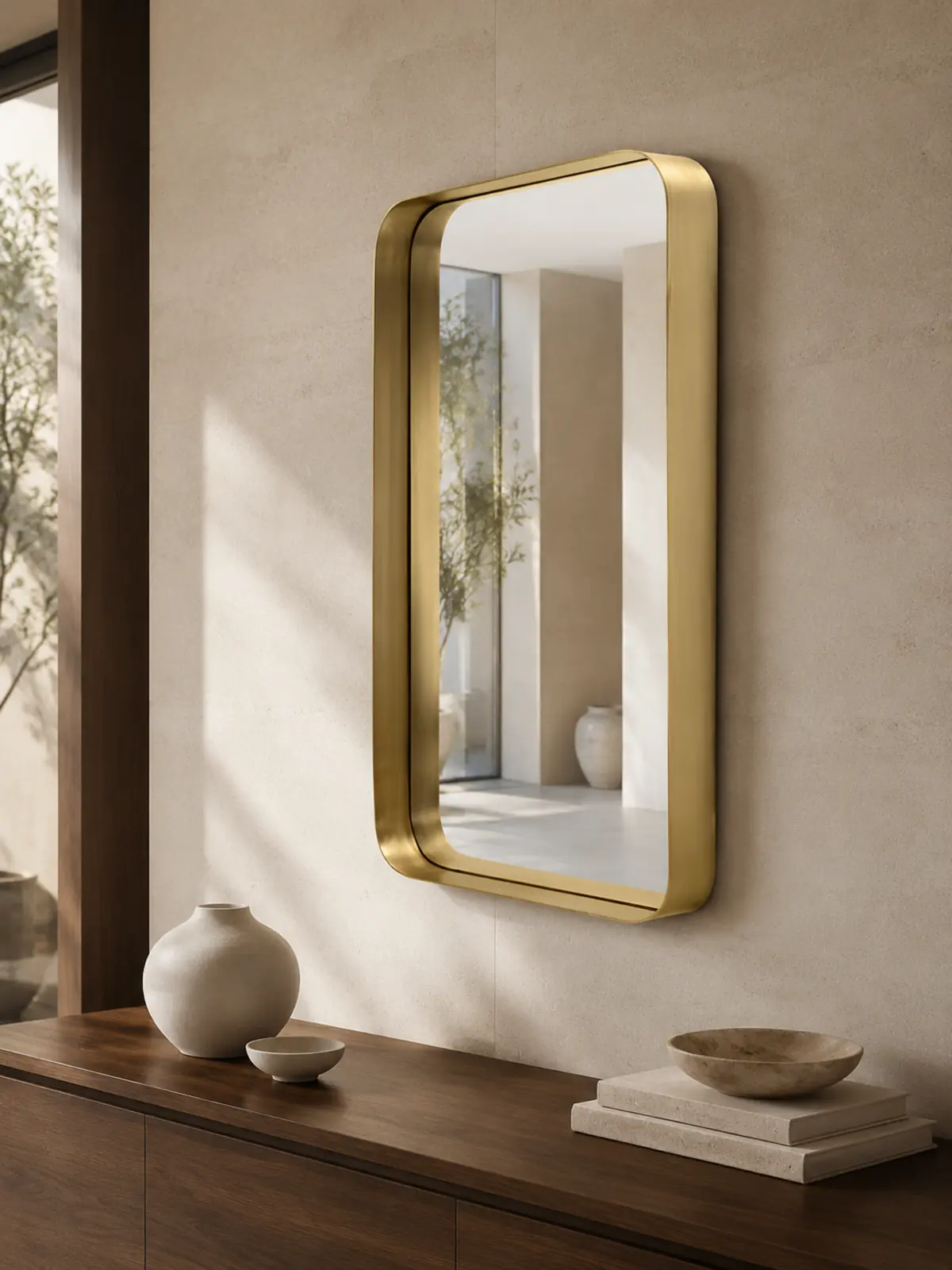Gold rectangular wall mirror displayed above a dark walnut console in a luxury interior