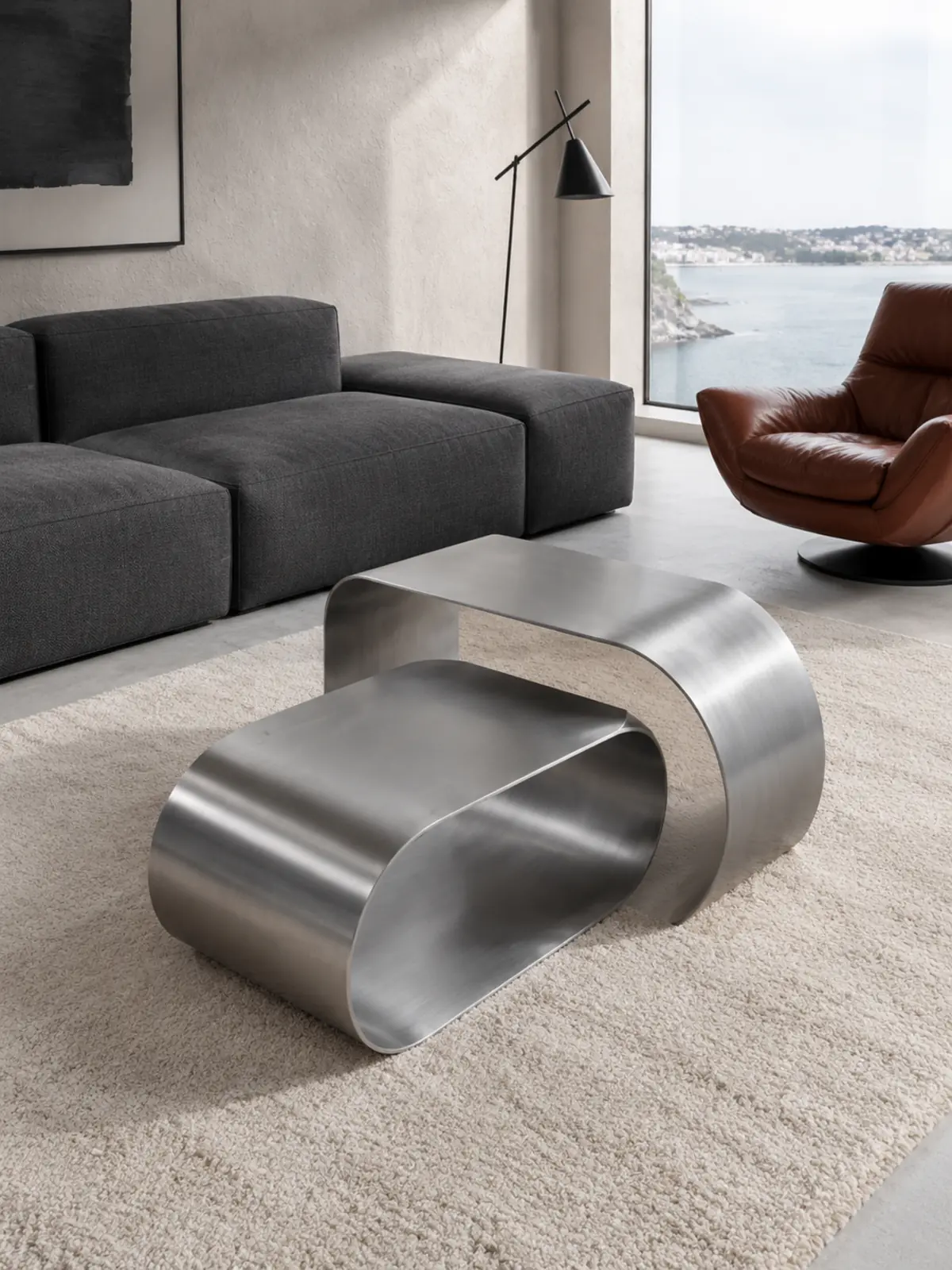 Twin Ribbon Brushed Steel Coffee Table Set