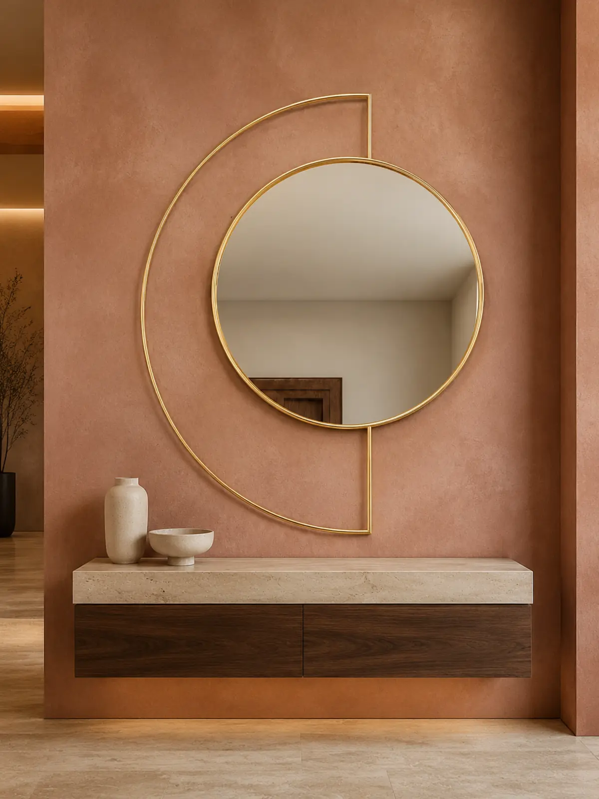 Eclipse Orbit round wall mirror with an offset Gold PVD stainless-steel geometric frame