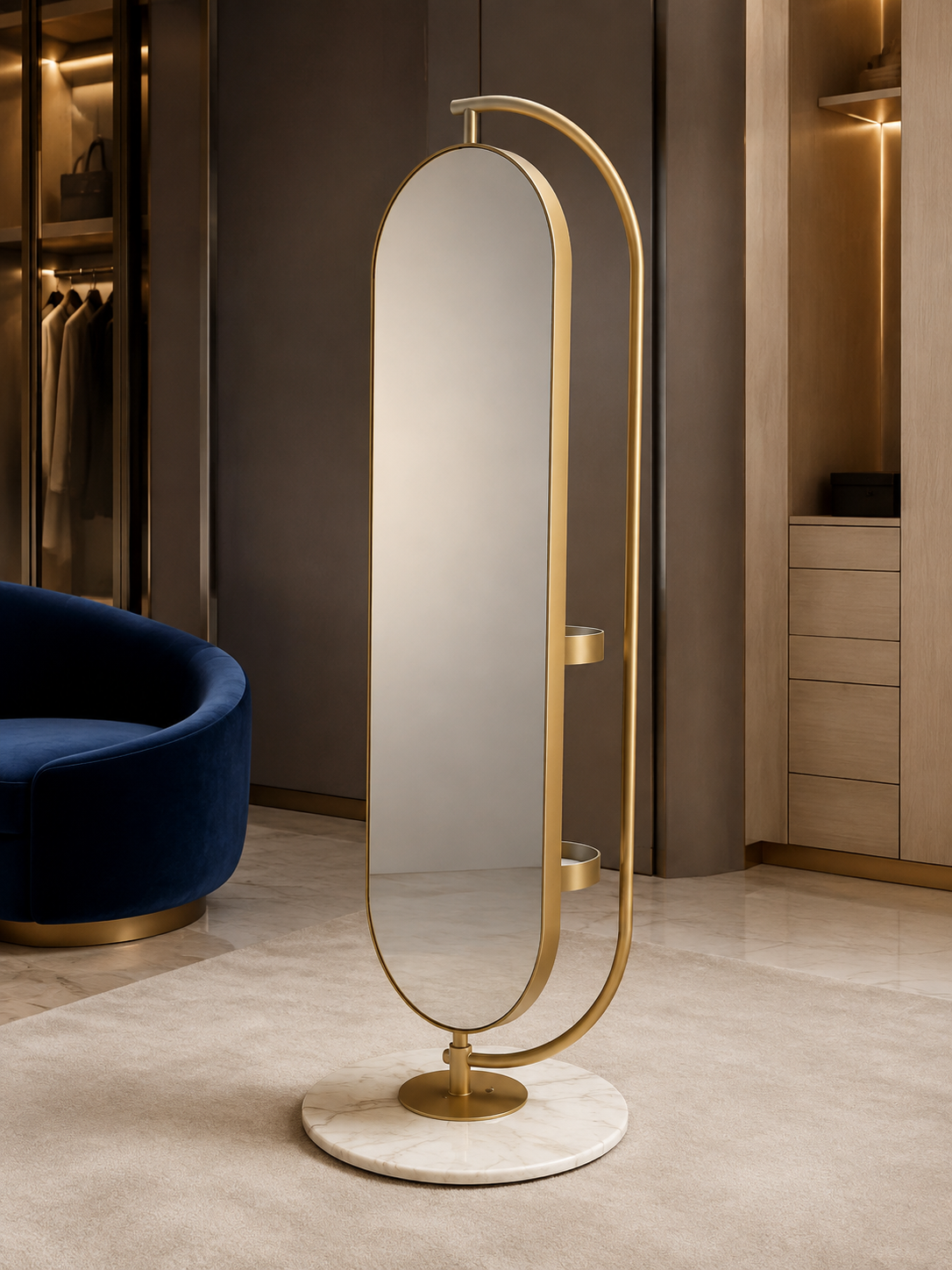 Celeste full-length freestanding mirror with Gold PVD steel loop, two side trays and a round white marble base