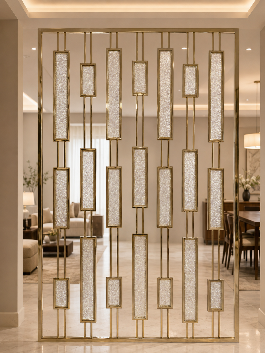 Elara Gold PVD Textured Glass Room Divider