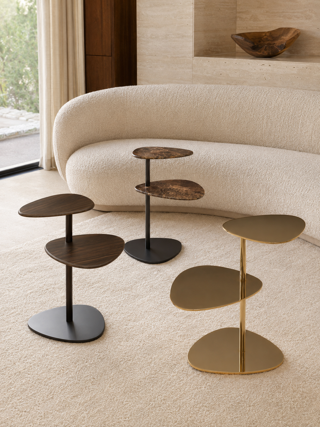 Pebble Duo-Tier PVD gold stainless-steel corner table with two organic tabletops and pedestal base