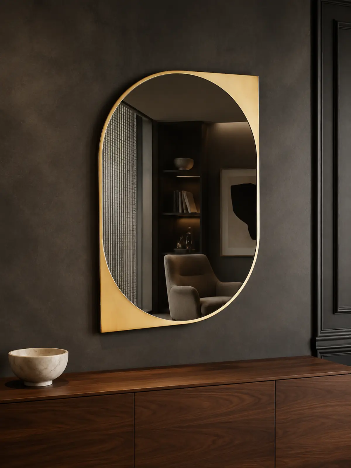 Aperture circular wall mirror with an asymmetrical Gold PVD stainless-steel panel