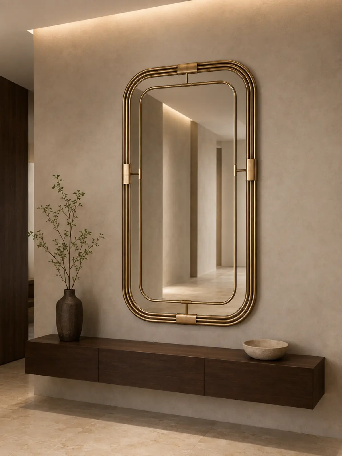 Arcadia layered PVD gold wall mirror with a triple-line stainless-steel frame above a floating walnut console