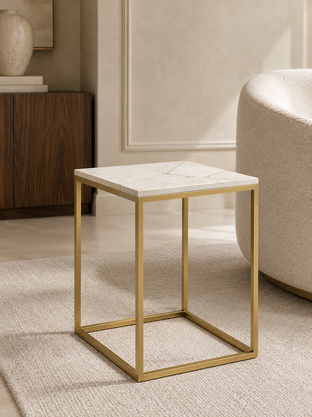 Linea PVD gold cube-frame corner table with square white marble top and geometric gold inlay