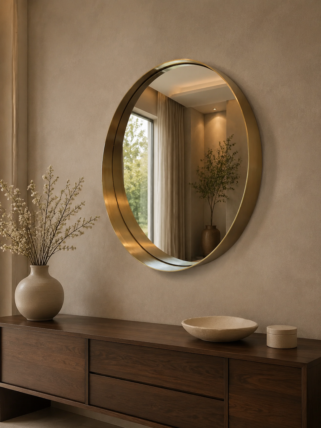 Halo round wall mirror with a deep Gold PVD stainless-steel bevelled frame