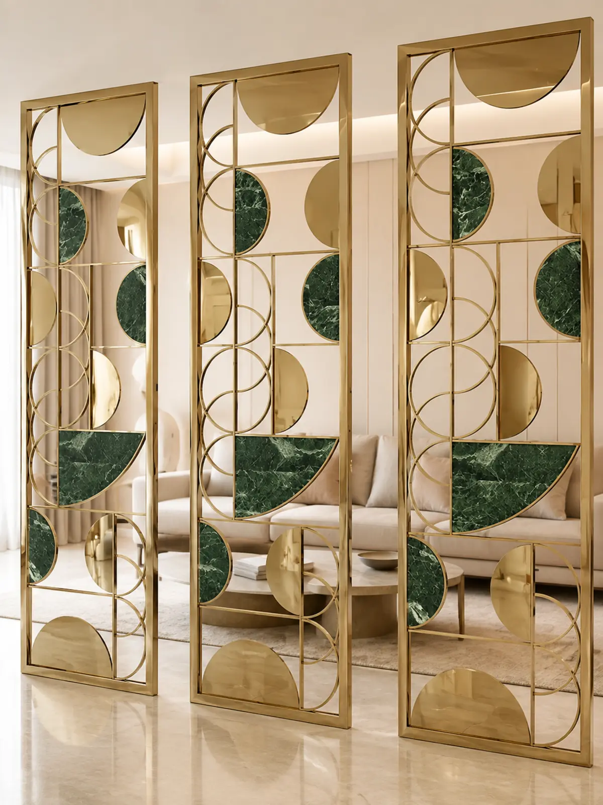 Geometric Circle Gold PVD Green Marble-Look Partition