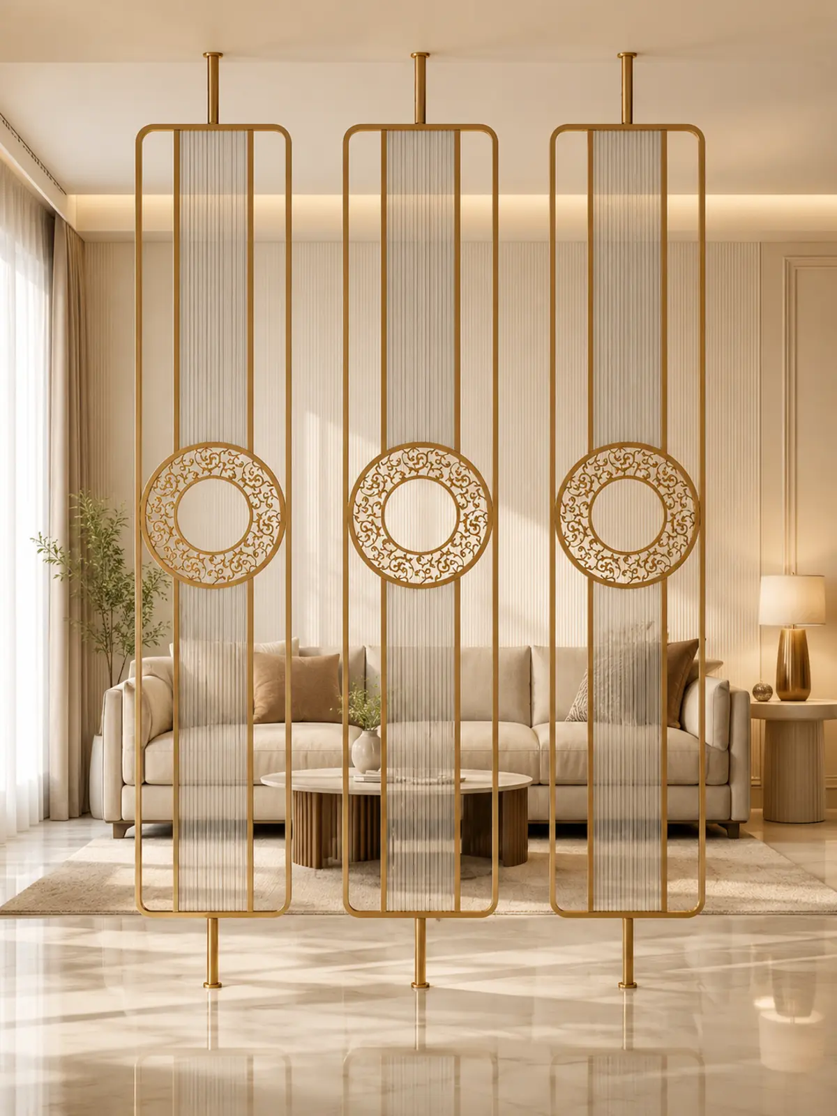Ornate Ring Gold PVD Fluted Glass Partition
